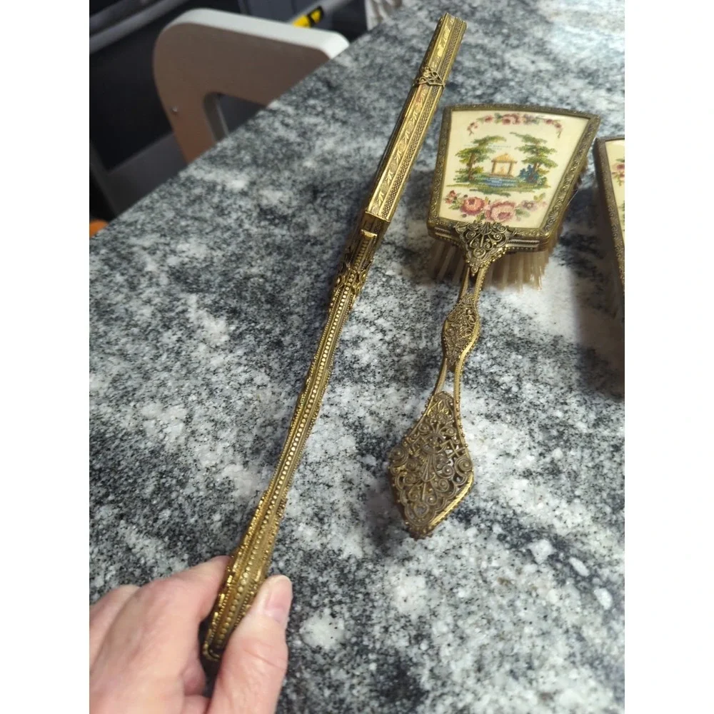 Vintage Floral Tapestry Back Gold Filigree Mirror & 2 Brush Vanity Set